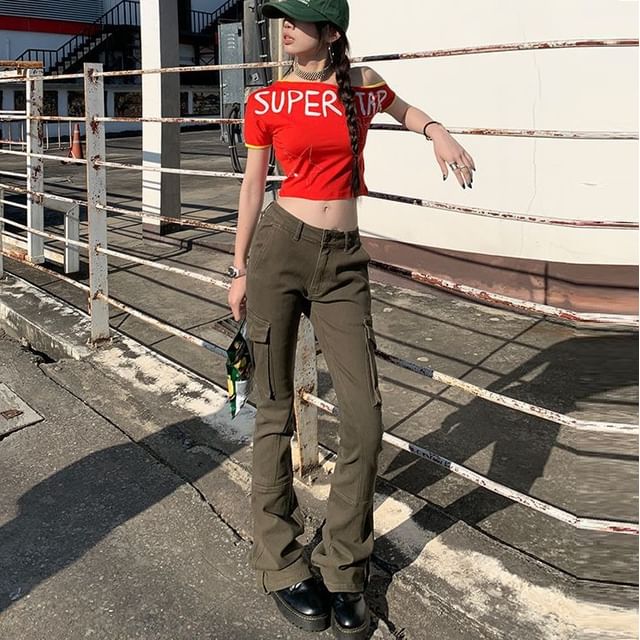 Denimot-Low Waist Plain Flared Cargo Pants Various Designs