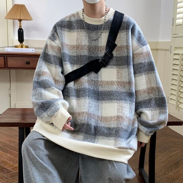 Bay Go Mall-Crew Neck Plaid Oversized Sweatshirt