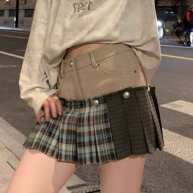 Zylinia - High Waist Plaid Panel Mini Pleated Skirt | YesStyle