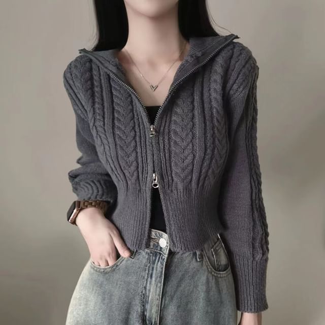 MIKIGA-Stand Collar Plain Twist Knit Zip Jacket