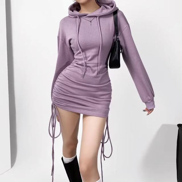 drawstring hoodie ruched dress Reknovine - Plain Drawstring Ruched Mini Sheath Hoodie Dress