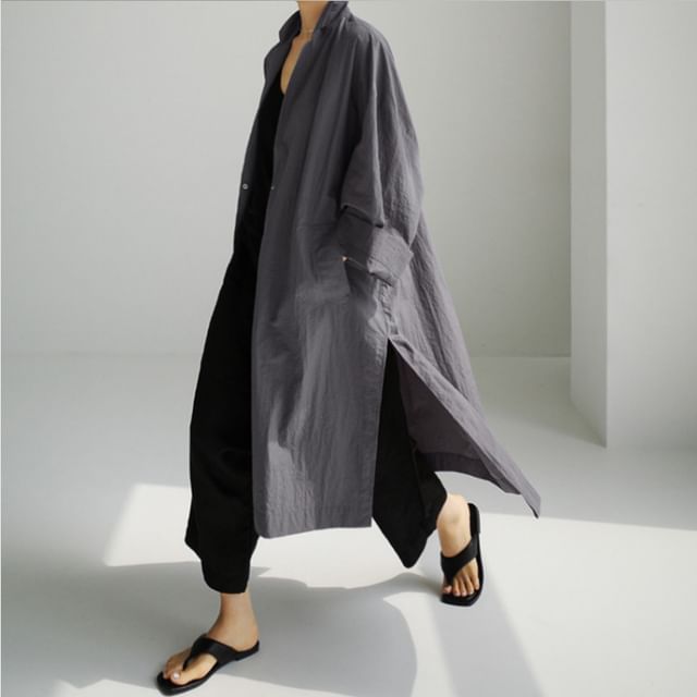 MIKIGA-Long-Sleeve Plain Side-Slit Long Shirt