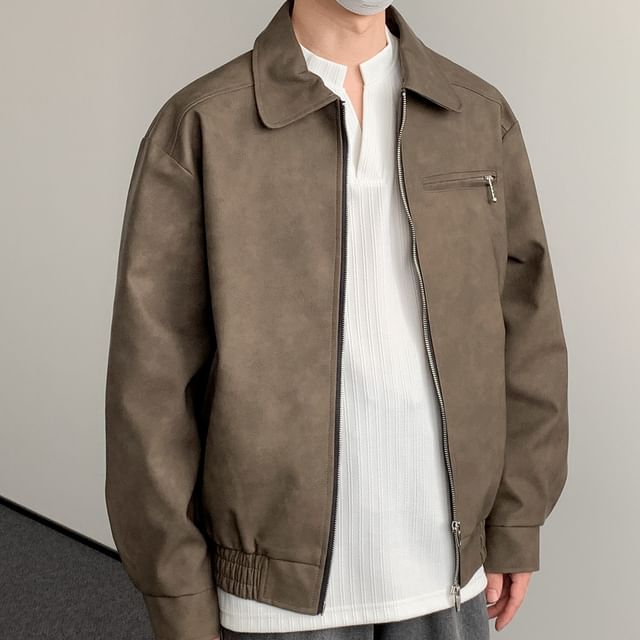 DAZO Studios-Collared Washed Faux Leather Zip Jacket