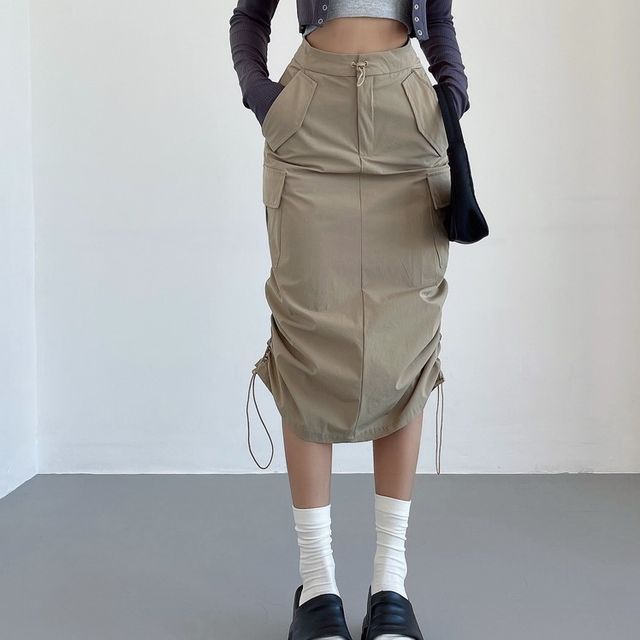 LIVIE - High Waist Plain Drawstring Midi A-Line Cargo Skirt | YesStyle LIVIE - High Waist Plain Drawstring Midi A-Line Cargo Skirt | YesStyle