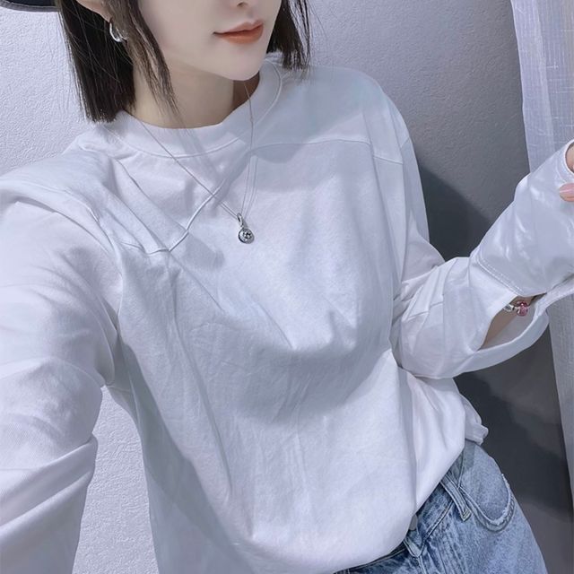 Everose-Long-Sleeve Crew Neck Plain T-Shirt