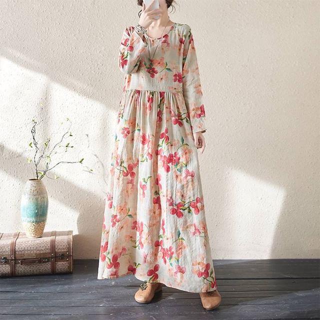 Brondia - Long-Sleeve Round Neck Floral Print Maxi Tunic Dress | YesStyle