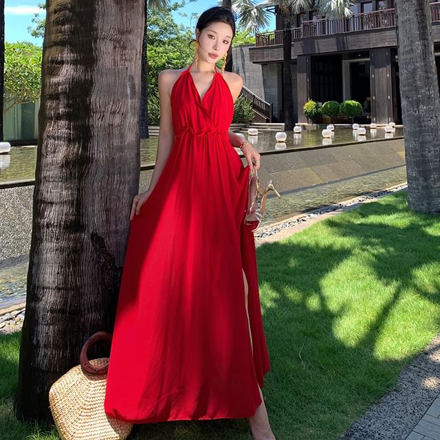 Fioridi-Halter Plain Side-Slit Maxi Sundress