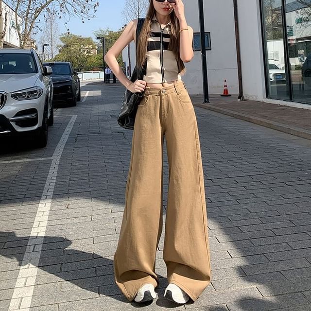 Denimot-Mid Waist Plain Wide Leg Jeans