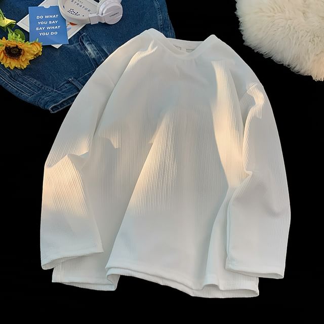 Plummie-Long Sleeve Drop Shoulder Crew Neck Plain Waffle Oversized T-Shirt