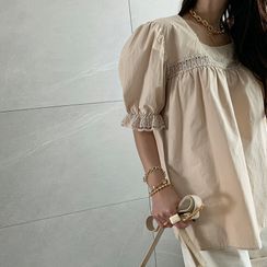 NANING9 - Square-Neck Lace-Trim Blouse NANING9 - Square-Neck Lace-Trim Blouse