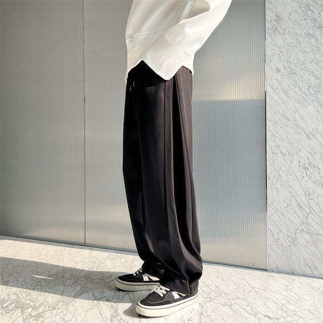 ravewider-Drawstring Waist Plain Adjustable Hem Wide Leg Pants