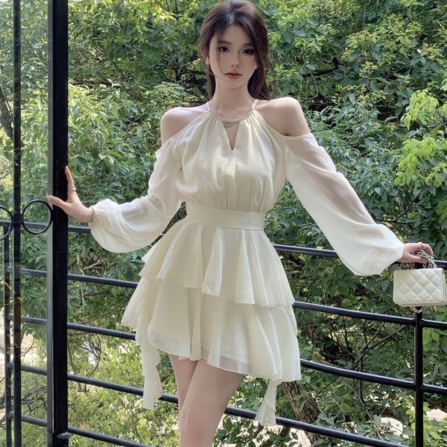 Windflower - Long-Sleeve Halter Cold-Shoulder Plain Tiered Mini A-Line Dress  | YesStyle