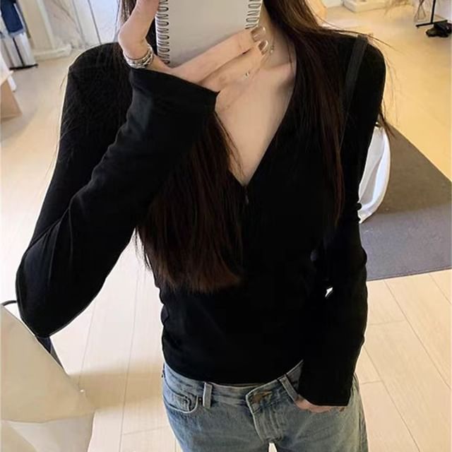 monroll-Long Sleeve V-Neck Plain Half Zip T-Shirt
