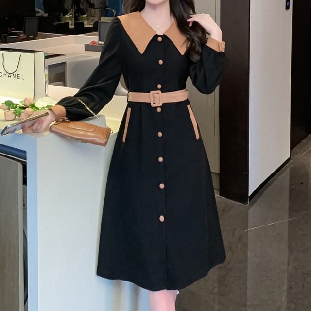 Cloud Nine - Long-Sleeve Collar Two Tone Button Midi A-Line Dress | YesStyle