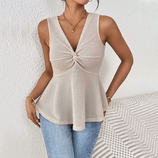 Asiris-V-Neck Plain Peplum Twist Tank Top