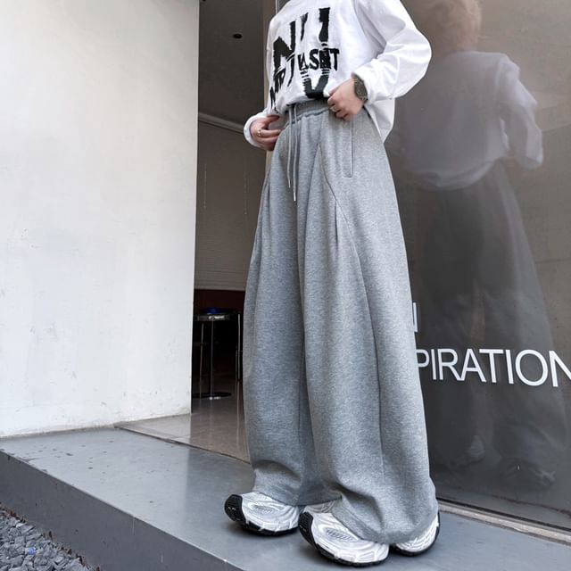ravewider-Drawstring Waist Plain Wide Leg Sweatpants