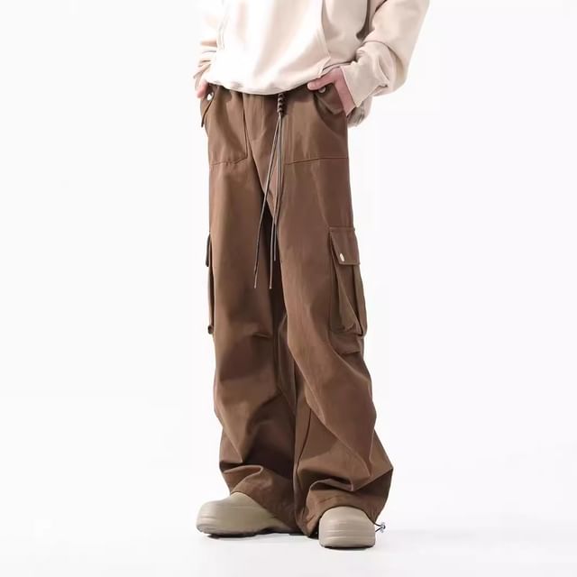 Hushgrain-Mid Rise Plain Wide Leg Cargo Pants