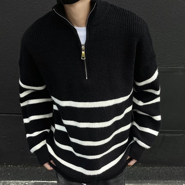 Omozando-Turtleneck Striped Half-Zip Ribbed Sweater