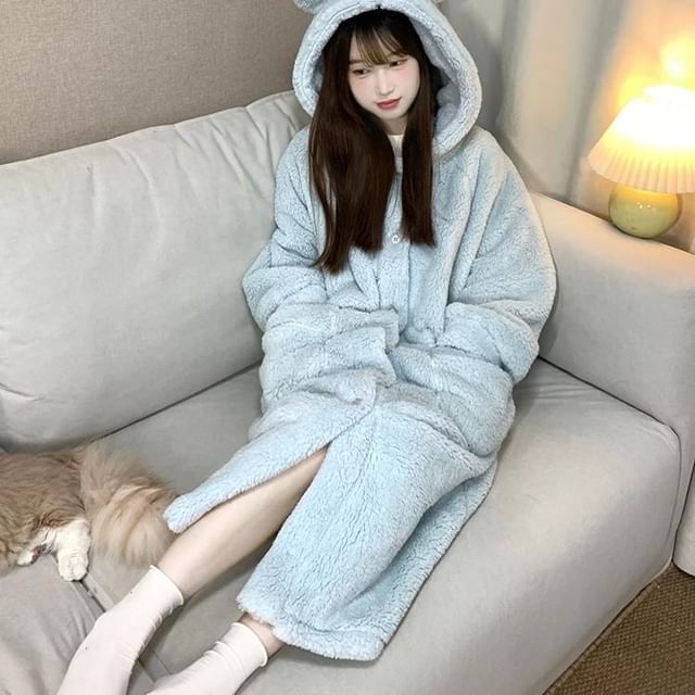 GOUB-Plain Ear Accent Hooded Fleece Button Robe