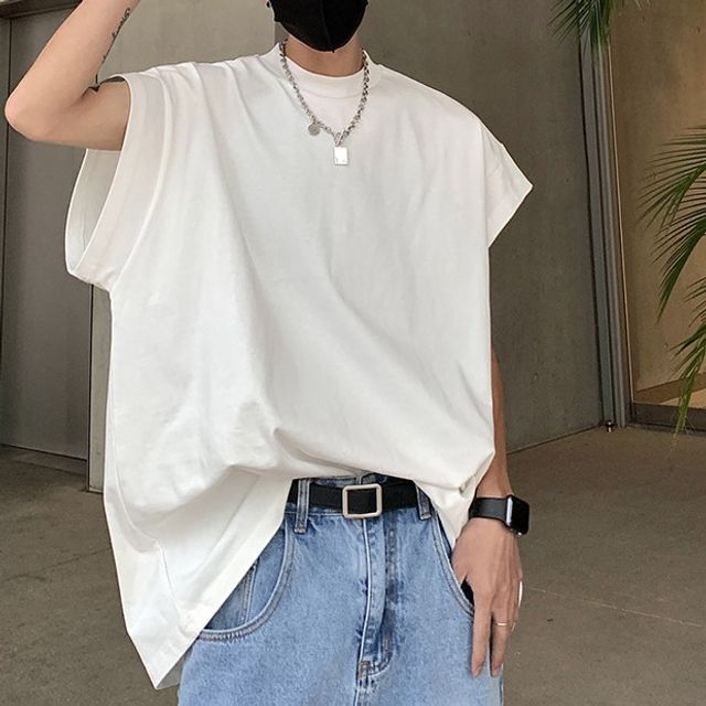 Ninine-Crew Neck Plain Oversized Tank Top