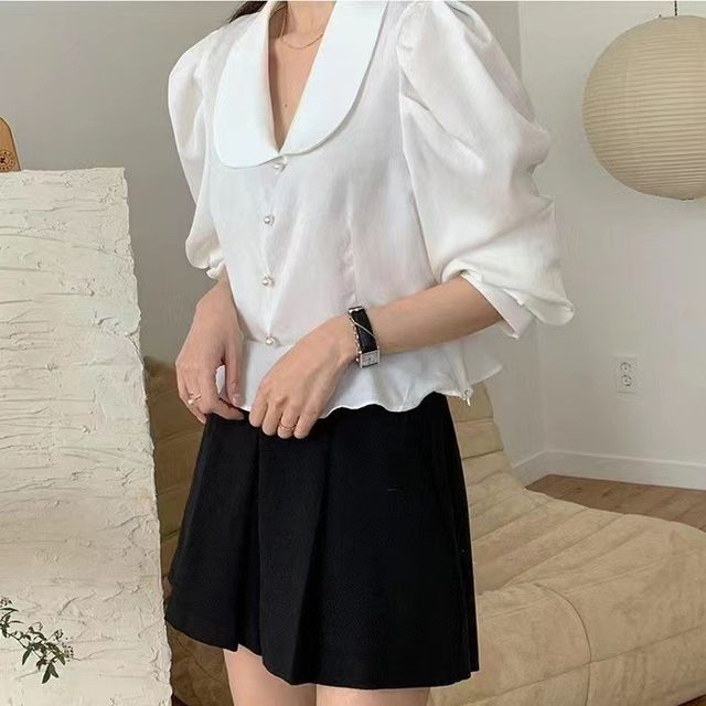 Rred Puff-Sleeve Peter Pan Collar Plain Pearl Button Blouse