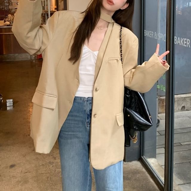 Beem-V-Neck Plain Button Blazer