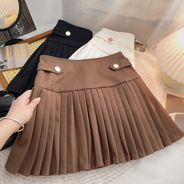 Pleated Skirt Button Skirt Quality DIYI High-Waist Plain Pleated