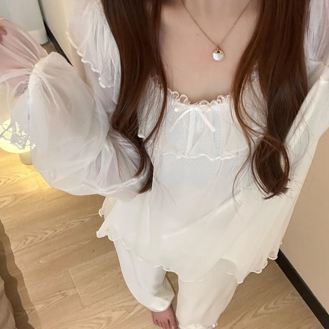 GOUB-Pajama Set Flared-Cuff Plain Blouse Pants
