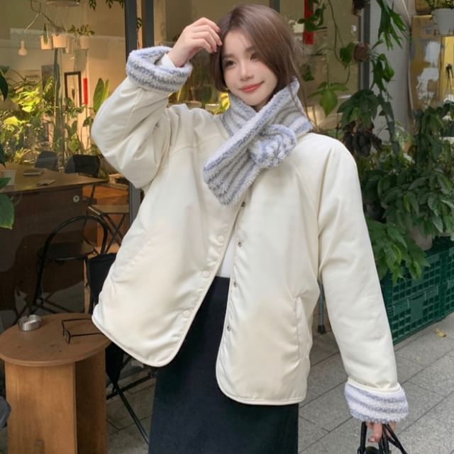 Beem-Set Striped Fleece Padded Button Jacket Scarf