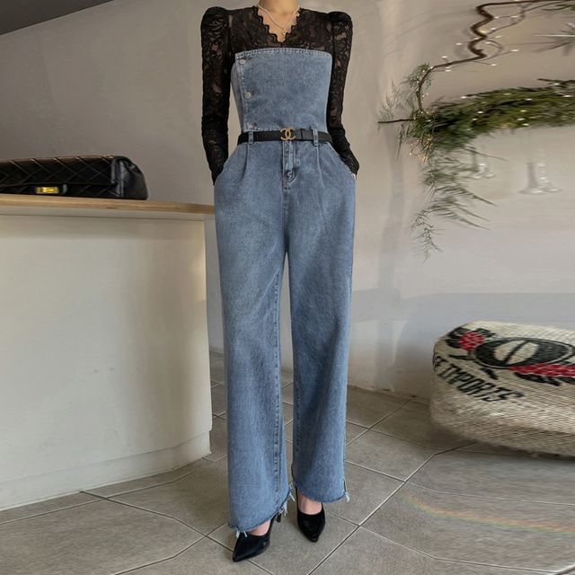 DABAGIRL Tube Wide Denim Jumpsuit YesStyle