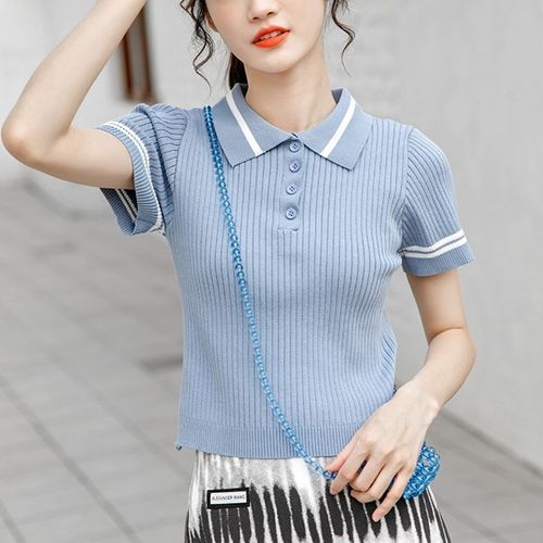 Short-Sleeve Ribbed Polo Knit Top