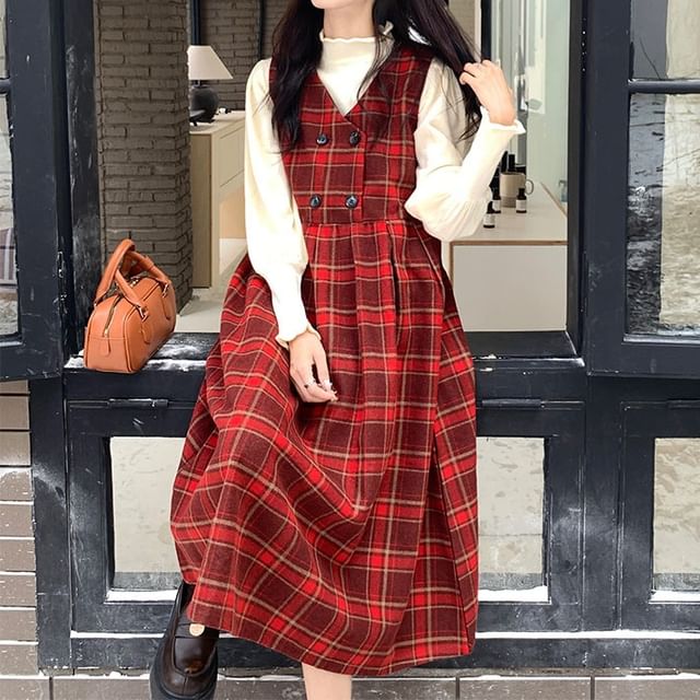 Piwonia - V-Neck Plaid Midi Overall Dress | YesStyle
