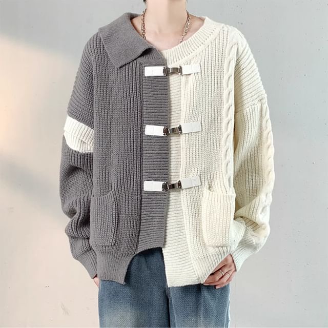 Trimecca-Crewneck Two Tone Buckled Cardigan
