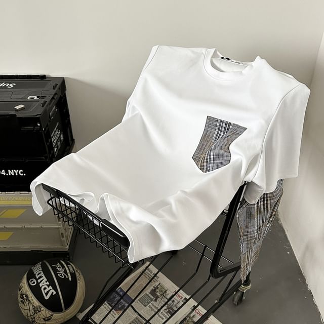 Trimecca-Long Sleeve Round Neck Plaid Patchwork Pocket T-Shirt