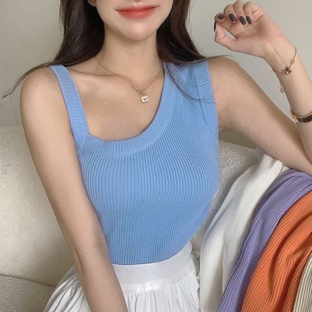 Allinya-Sleeveless Asymmetrical V-Neck Plain Knit Top