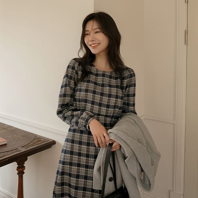 knee length dresses for ladies Check Plaid Midi Dress L main image 1