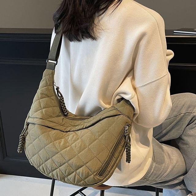 EAVALURE-Plain Quilted Zip Fabric Crossbody Bag