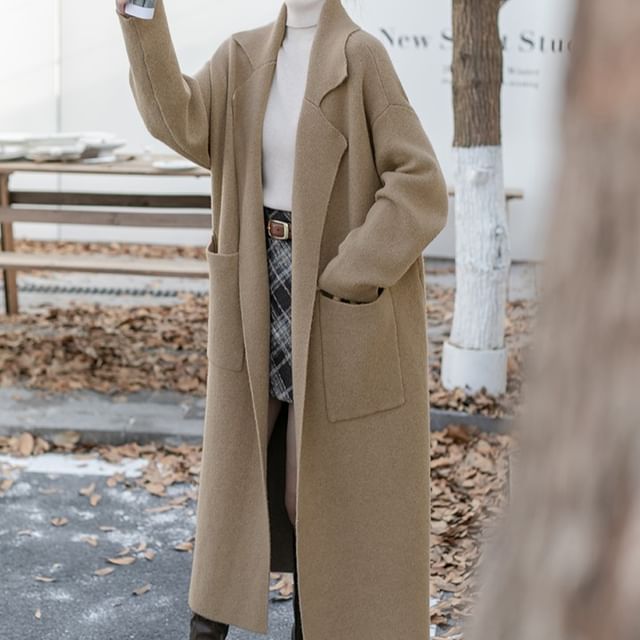 Magimomo-Lapel Collared Plain Long Coat