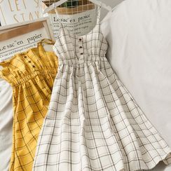 Lemongrass - Spaghetti Strap Checker Midi Dress Lemongrass - Spaghetti Strap Checker Midi Dress
