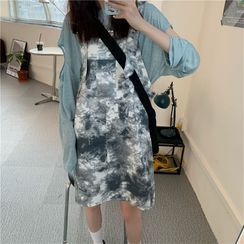 Momoko - Long-Sleeve Cutout Sheer T-Shirt / Tie-Dye Print A-Line Mini Pinafore Dress Momoko - Long-Sleeve Cutout Sheer T-Shirt / Tie-Dye Print A-Line Mini Pinafore Dress