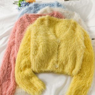 Lemongrass Cropped Two Button Furry Cardigan in 5 Colors Sale