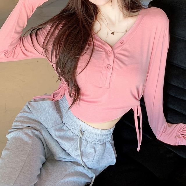 Amanee LongSleeve Henley Crop Top YesStyle