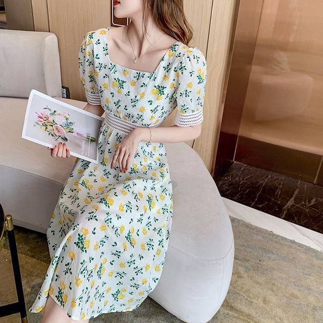 lemon a line dress Lemon Print Aqua Puff Sleeve Midi Dress - All Dresses main image 0