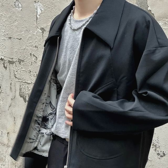 Urtishia-Collared Plain Zip-Up Jacket