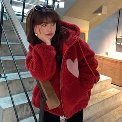 Iduna - Heart Print Fleece Zip-Up Hoodie Iduna - Heart Print Fleece Zip-Up Hoodie