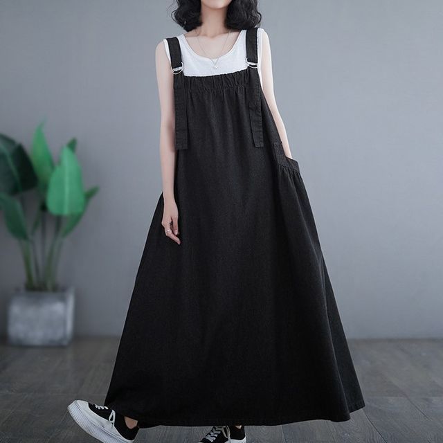 Lewwe - Plain Denim Maxi Pinafore Dress | YesStyle