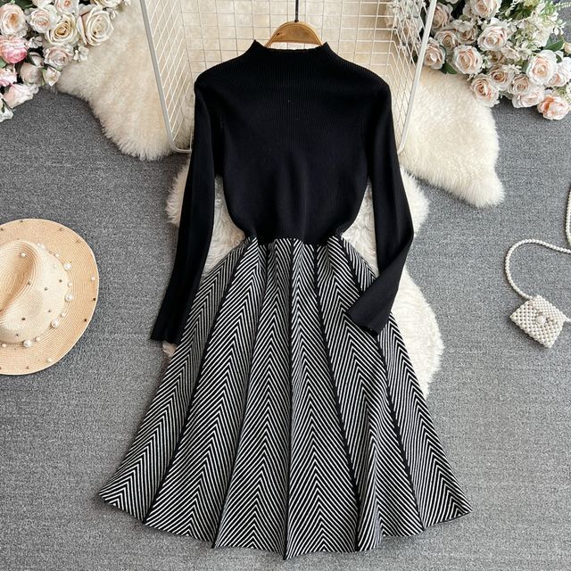 navy blue dress for baby girl Long Sleeve A Line Pleated Knitted Mini Dress