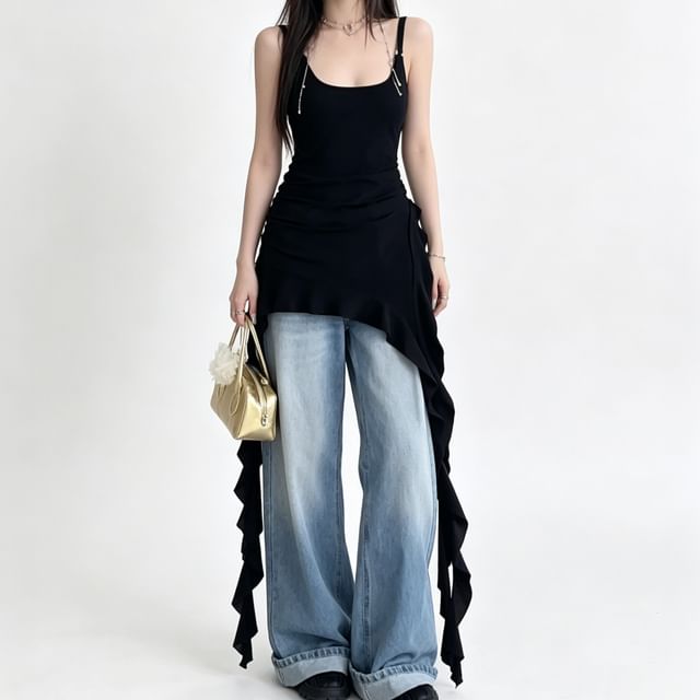 Metonymph-Plain Ruffle Asymmetrical Camisole Top
