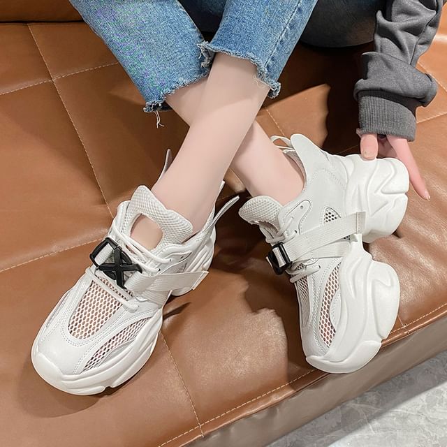 Sleeko-Platform Buckled Lace-Up Mesh Sneakers