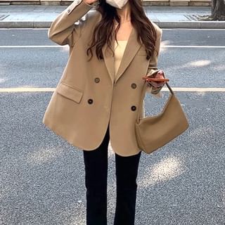 Yako-Lapel Collar Plain Double-Breasted Blazer